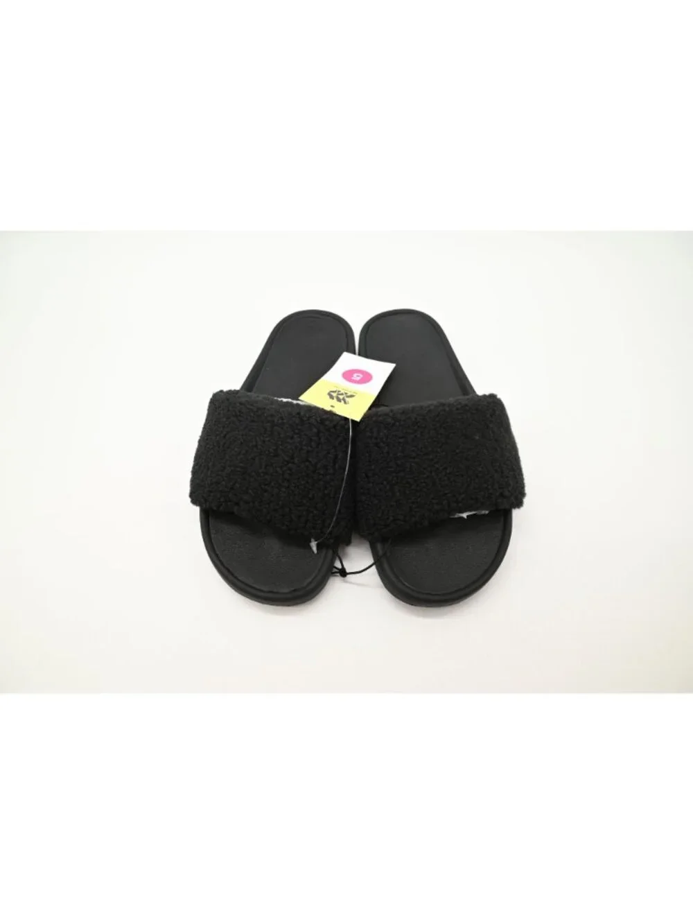 NWT All In Motion Makenna Faux Sherpa Slides Sz 5 Jet Black Slip On Sandals